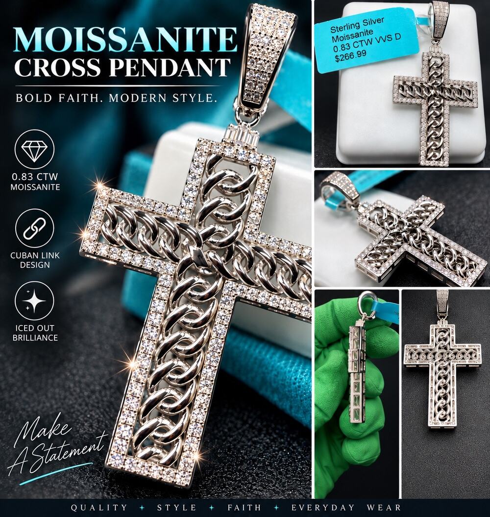 NWT 0.83 CTW Moissanite Cuban Link Cross Pendant 925 Sterling Silver Iced Out